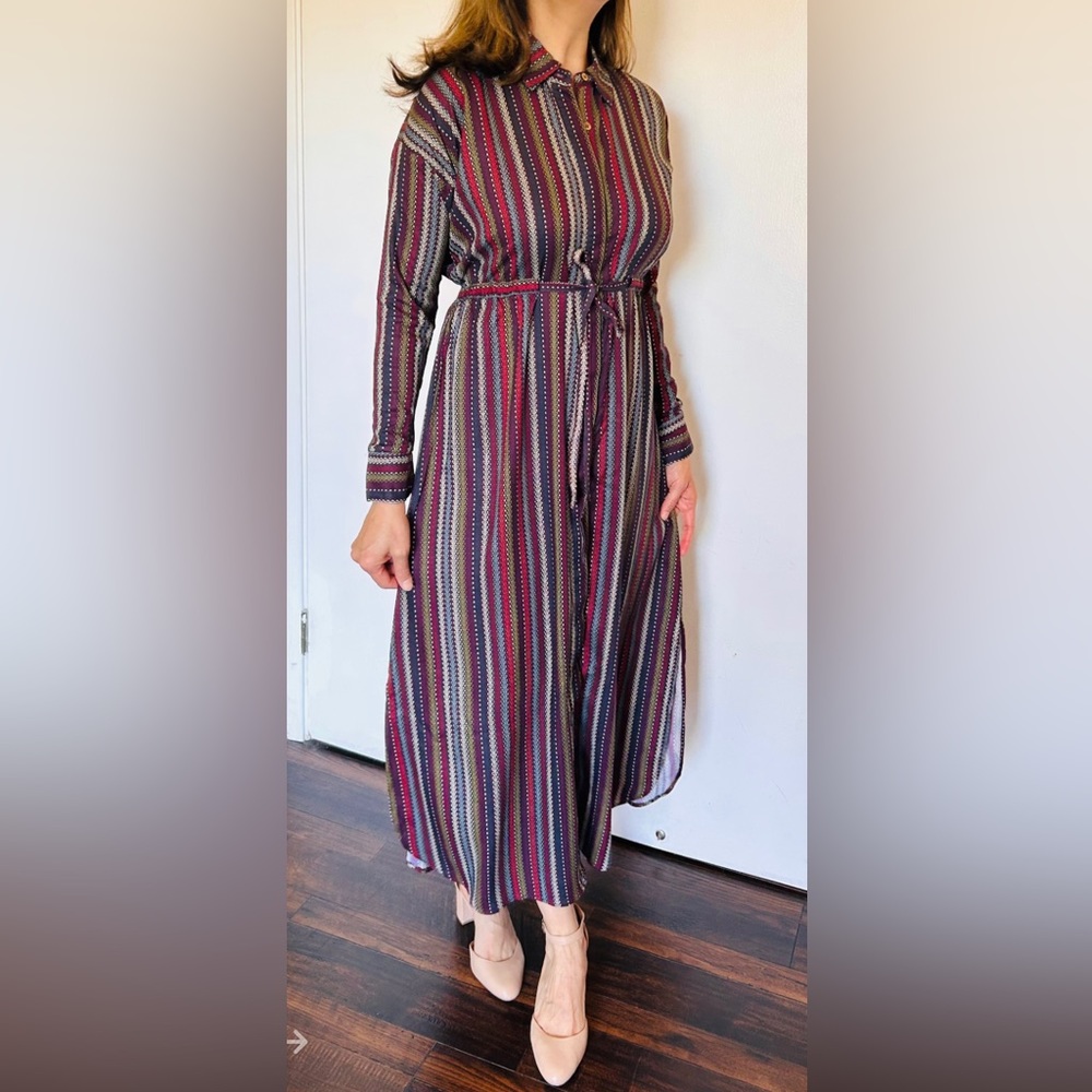 New, beautiful, striped winter dress, front closing with flattering bodice style